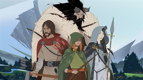 image of four of the main characters from Banner Saga. One is a red headed girl in green cloak, another a man with long hair in a red cloak and beige clothes, another a woman with black hair in a blue cloak with raven feathers, and a large varl character