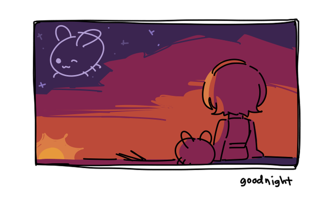 drawing of a girl and eggbug sitting, watching the sunset with a winking egg bug in the stars