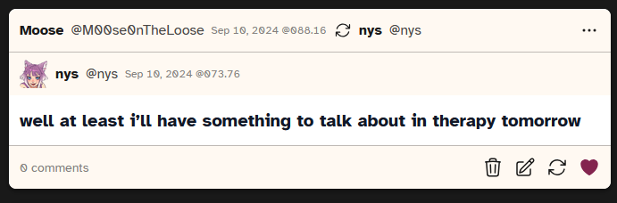 Screenshot of a post from user nys saying 'well at least I'll have something to talk about in therapy tomorrow'