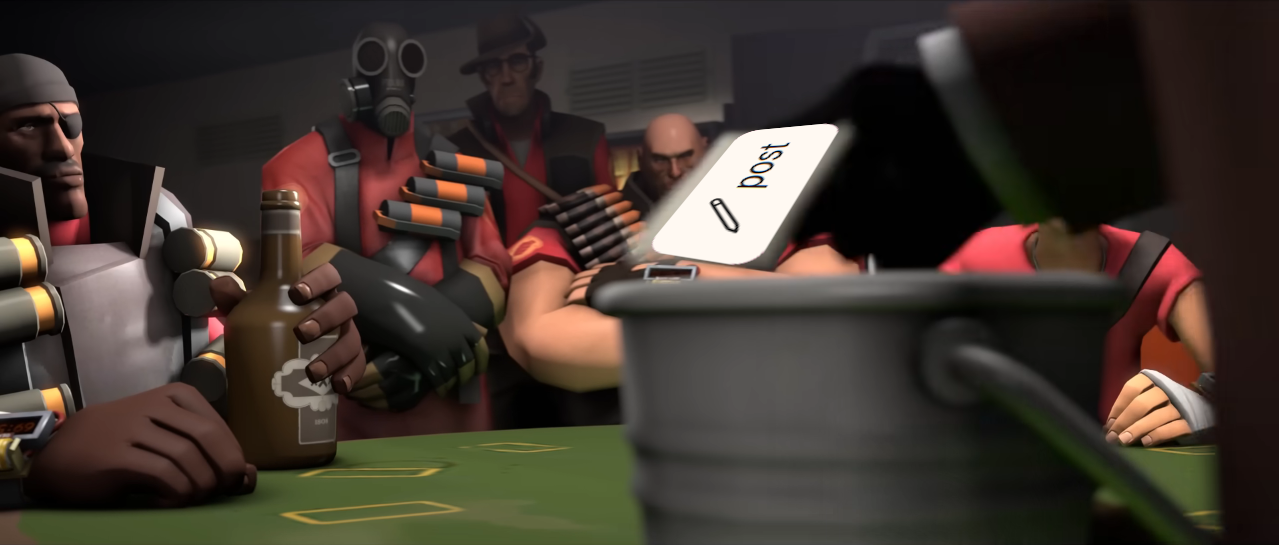 Image of Spy from Team Fortress 2 taking a card that says 'post' out of a bucket