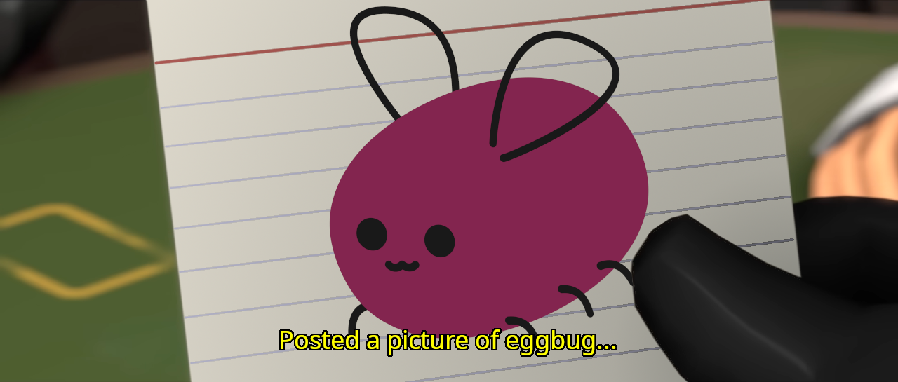 Image of eggbug on a notecard. Spy says 'Posted a picture of eggbug...