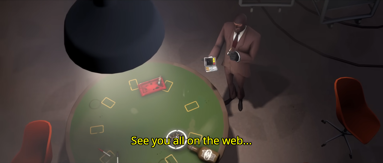 Image of Spy standing next to an empty table, pulling out a cigarette, saying 'See you all on the web'