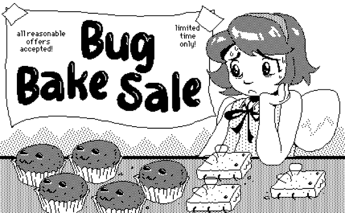 A drawing of a personified version of Eggbug as a girl at a bake sale