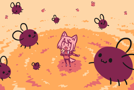 Digital drawing of a cat person with pink hair standing in a golden field, with a bunch of eggbugs flying all around them. Made by user nomomnami. Website: https://trick.pika.page/