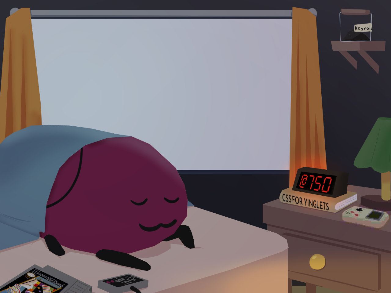 Digital image of an eggbug laying in bed asleep. You can see a big window behind them. There's a night stand in the room, as well as a clock, old gameboy, and a NES