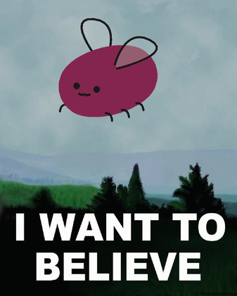 drawing of an eggbug in the sky above some trees with text that says 'I want to believe