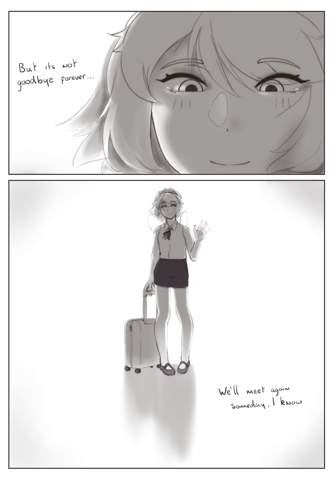 Two panel comic where the first panel is a closeup of a womans face with tears in her eyes that says 'But its not goodbye forever...'. The second panel is a more zoomed out photo where we see Secretary Intern Eggbug holding the handle of a suitcase on wheels that says 'we'll meet again someday, I know'. Created by user Lyra