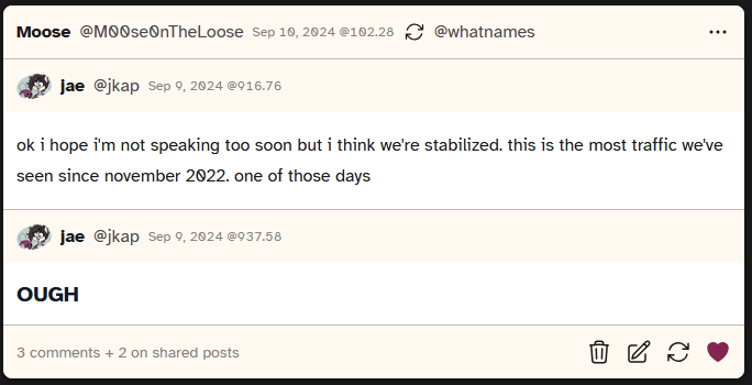 screenshot of a post from user jkap saying 'ok i hope i'm not speaking too soon but i think we've stabilized. this is the most traffic we've seen since november 2022. one of those days'. They then followed up with 'OUGH'