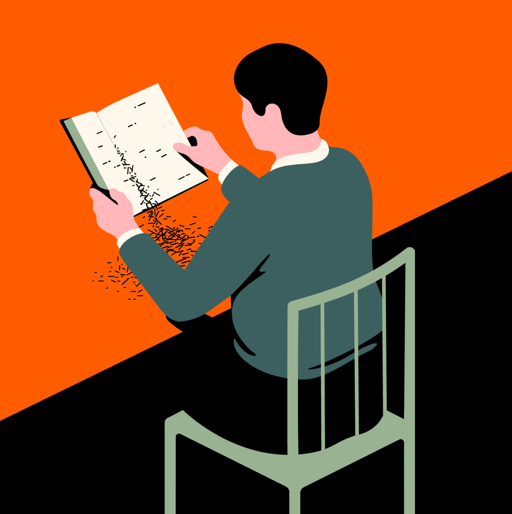 a colorful drawing of a person looking at a book while the letters fall off the pages