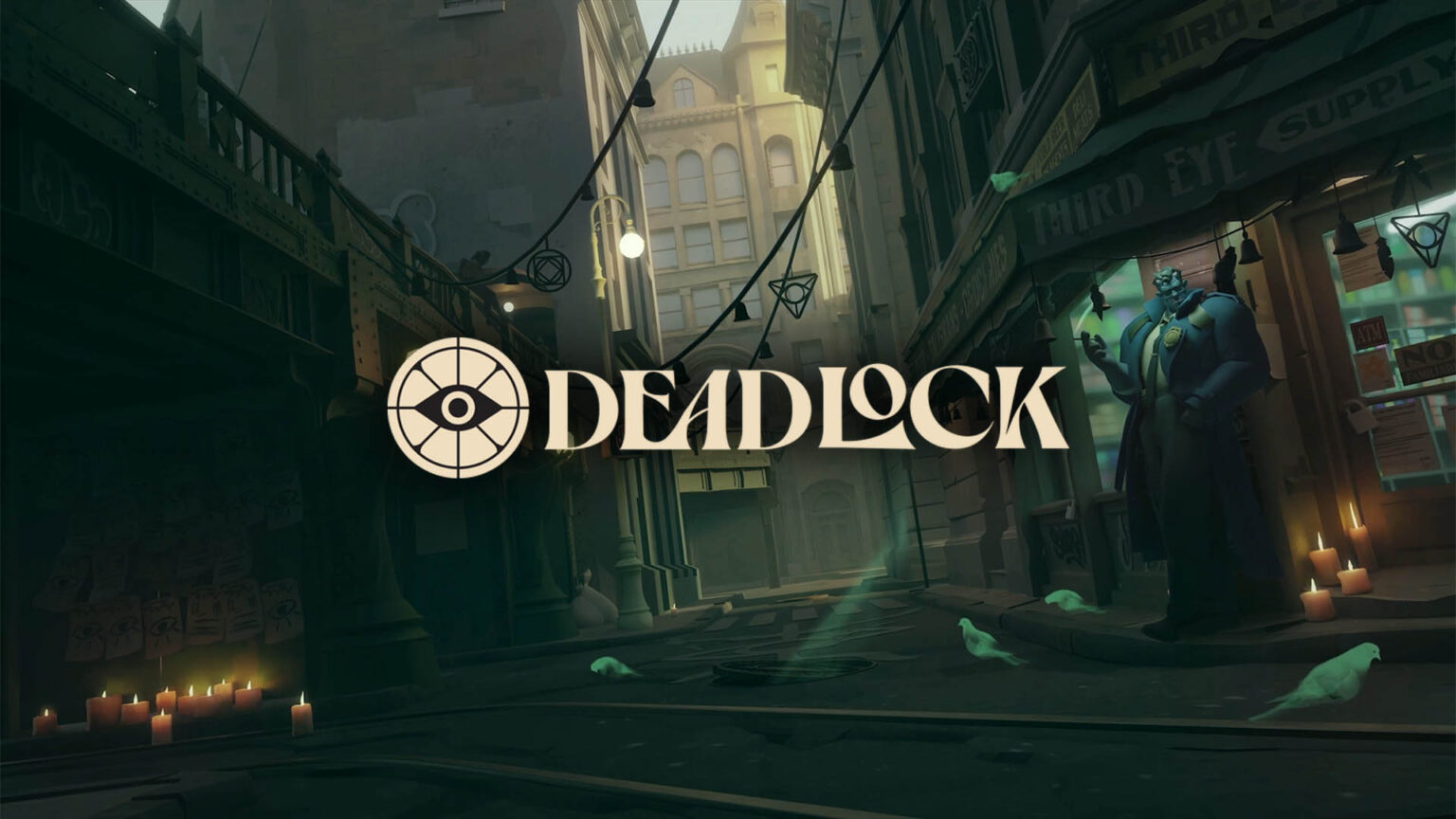 Cartoon image of a street corner in a city. You can see a blue demon in a police outfit leaning against the wall of a store. The word 'Deadlock' appears in the center of the image