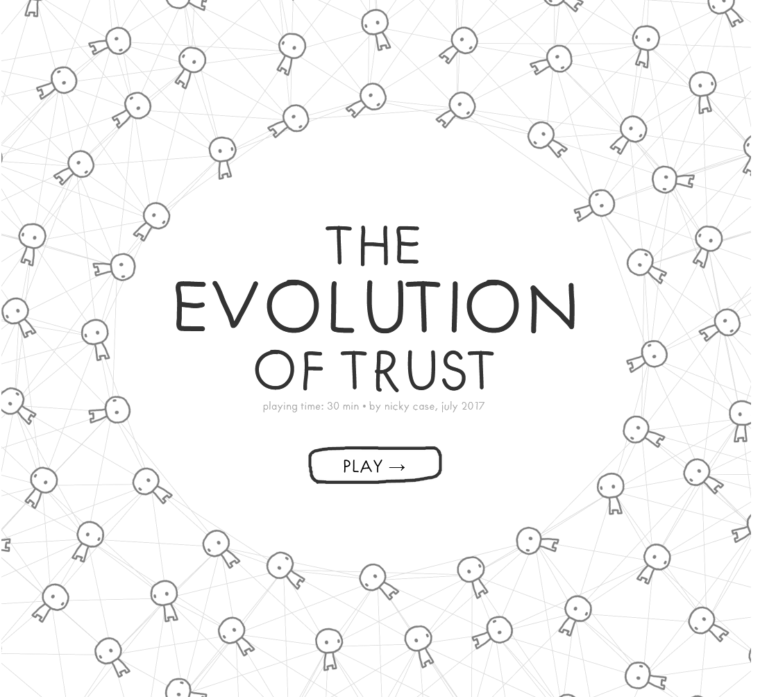 An image that says 'The Evolution of Trust. Playing time: 30 min. By Nicky Case, july 2017' in the center. Around it, are a lot of human drawings, slightly more detailed than stick figures, connected with lines