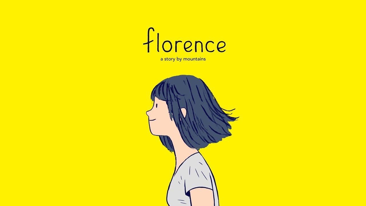 Digital drawing of the main character from the game Florence, from a side view as she walks towards the left of the image. The words 'florence a story by mountains' are above her head. The entire background of the image is yellow.