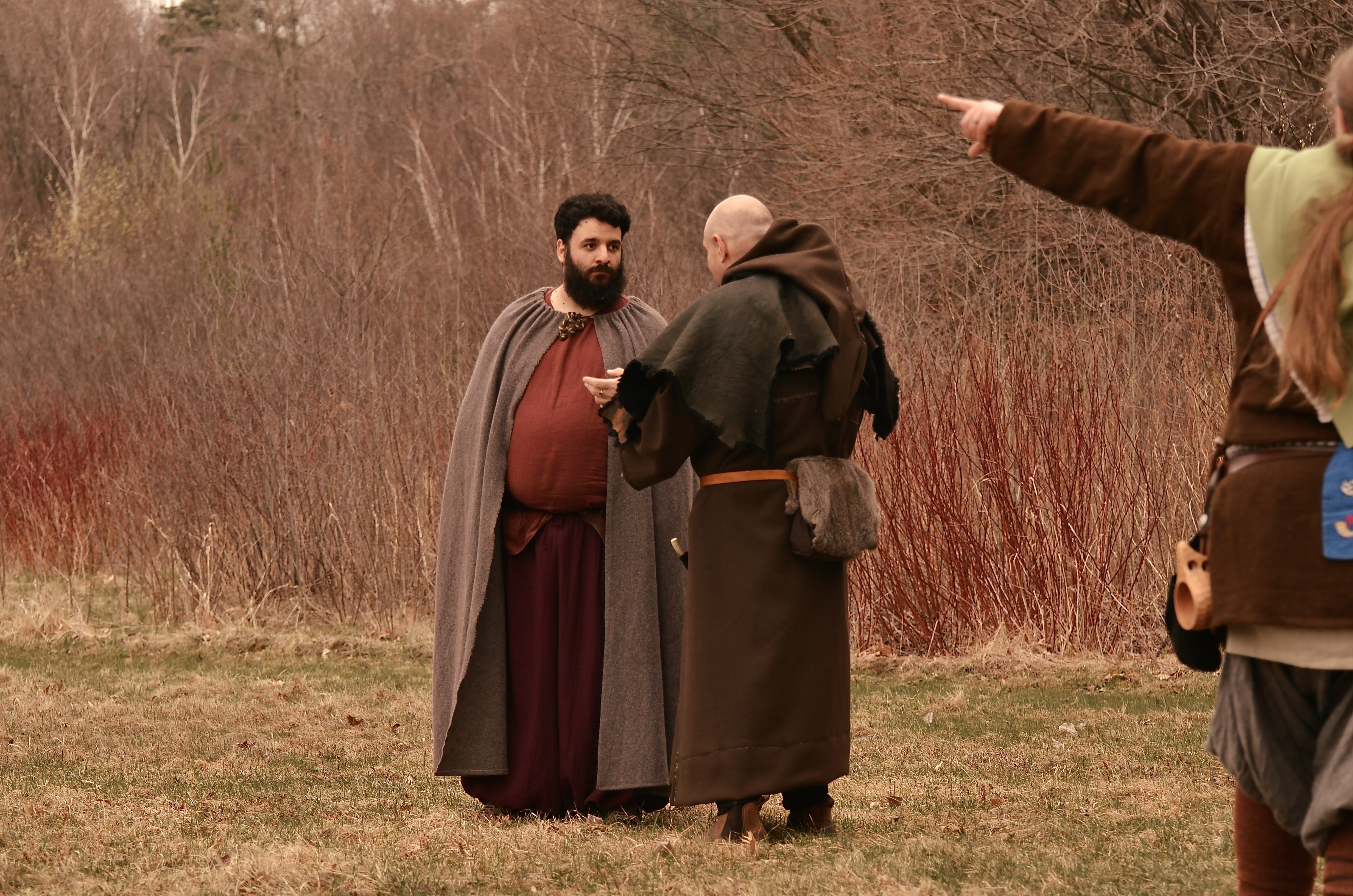 Photo of me with my gray cloak talking with Brother Herauld, who is in Monk garb