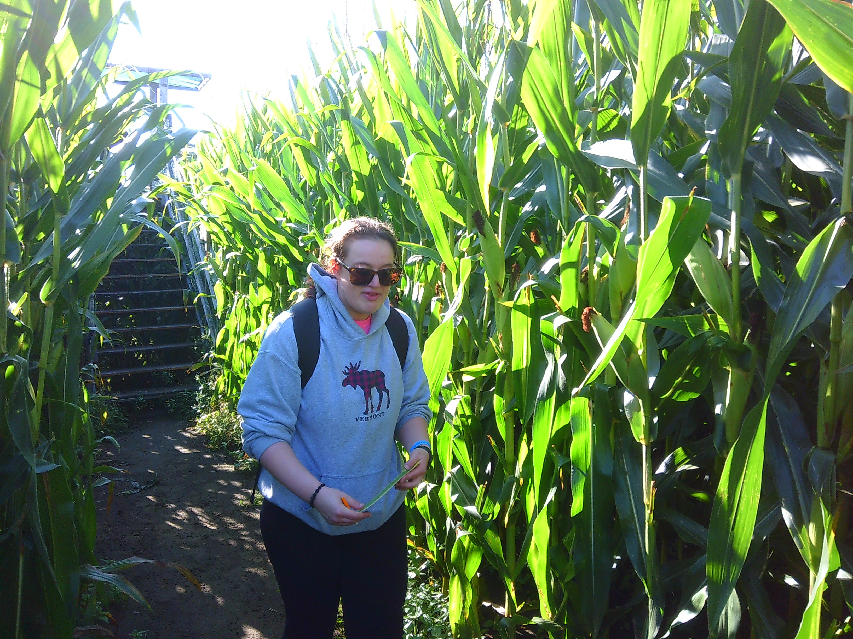 Photo of Michelle walking along one of the paths through the corn. Youc an see a staircase a bit behind her