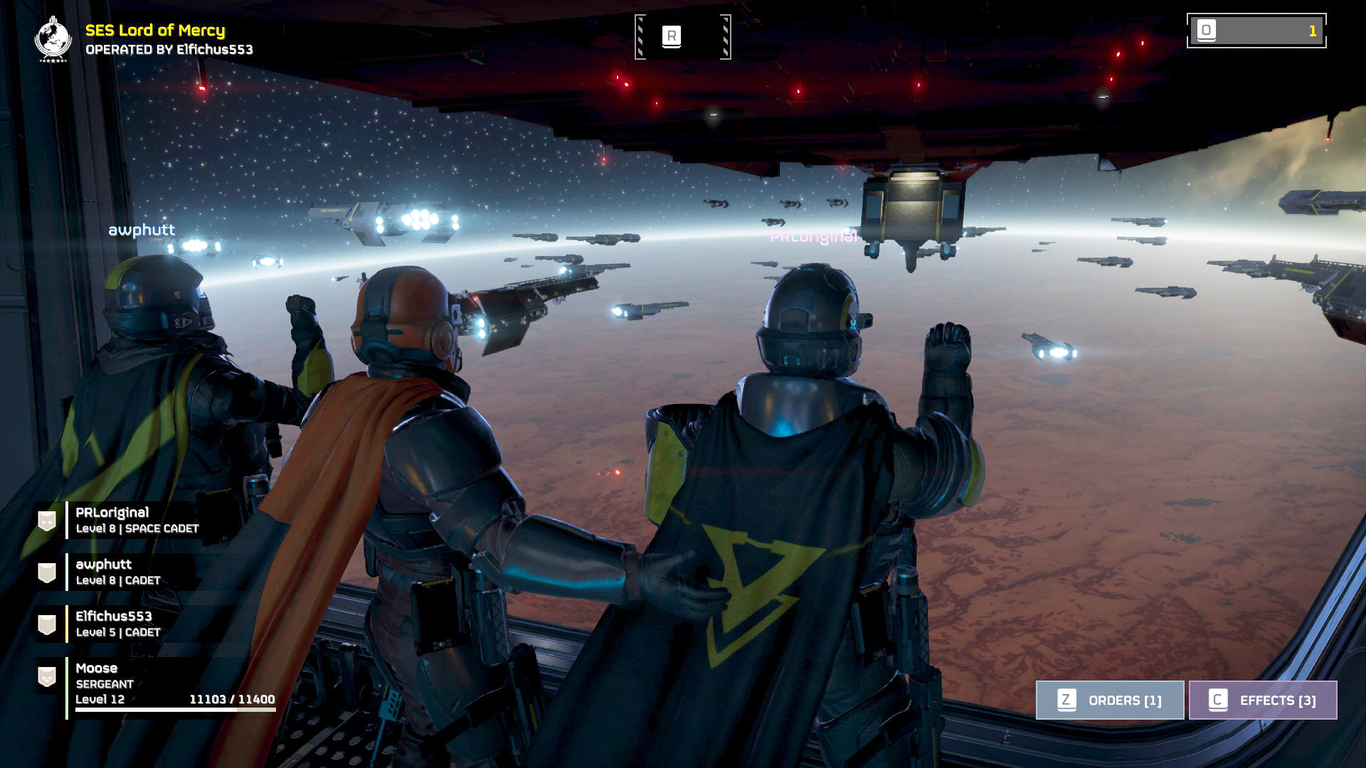 A screenshot from Helldivers 2 where 2 players have their right fist up in a salute, and a third has their arms spread out, making 
		it look like they're patting the other two on the back. They are on a ship in space overlooking a red planet with a bunch of other ships orbiting the planet.