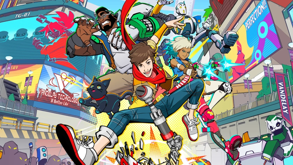 promotional image for the game Hi-Fi rush featuring most of the main characters jumping towards the camera. There's a robotic cat, the main character Chai with a robotic arm wearing a red hankerchief, yellow jacket, and tight jeans, a girl named Peppermint mid shooting her two guns, a robot named CNMN, and a big guy with green mechanical fists named Macaron