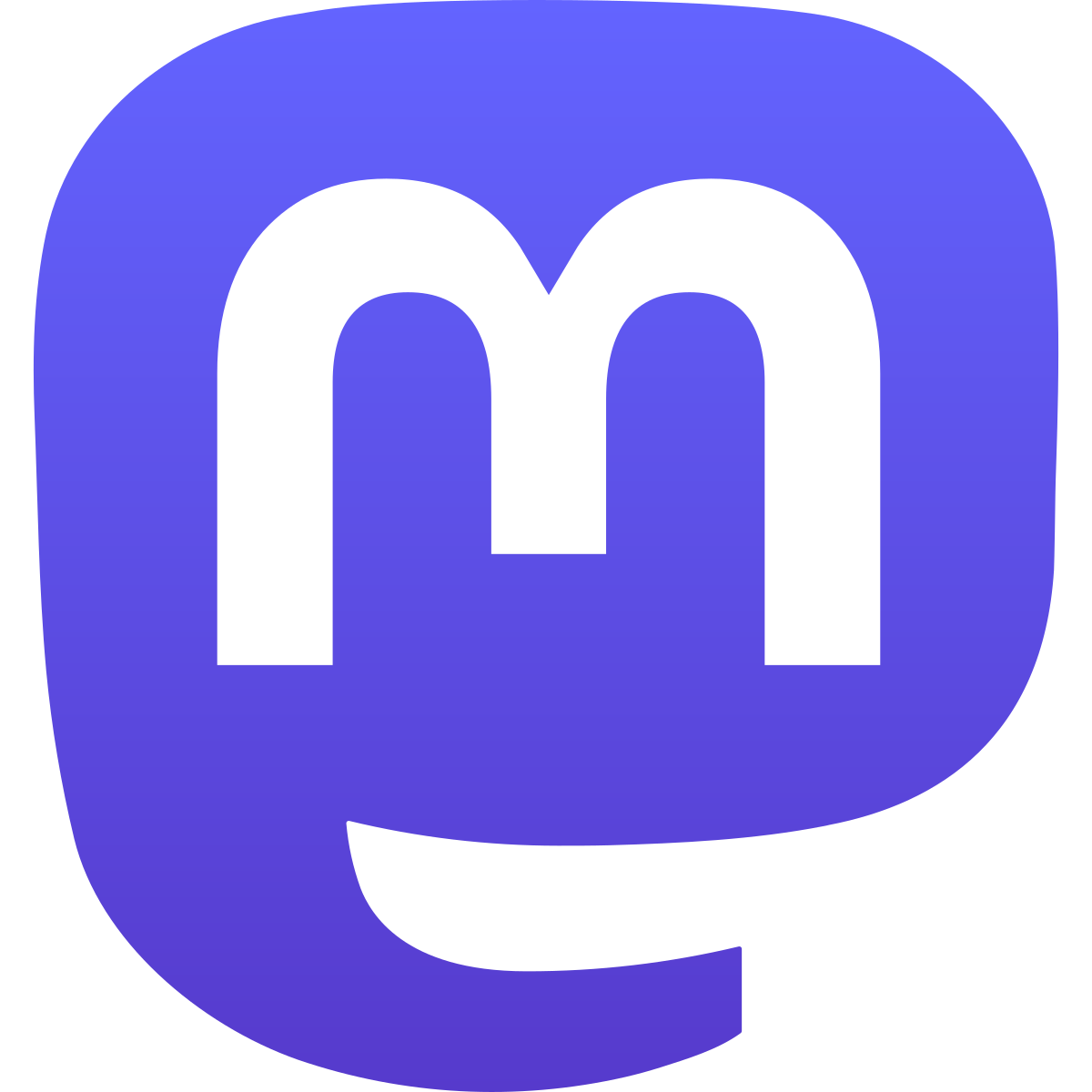 A purple chat bubble sort of symbol with a white M in the middle