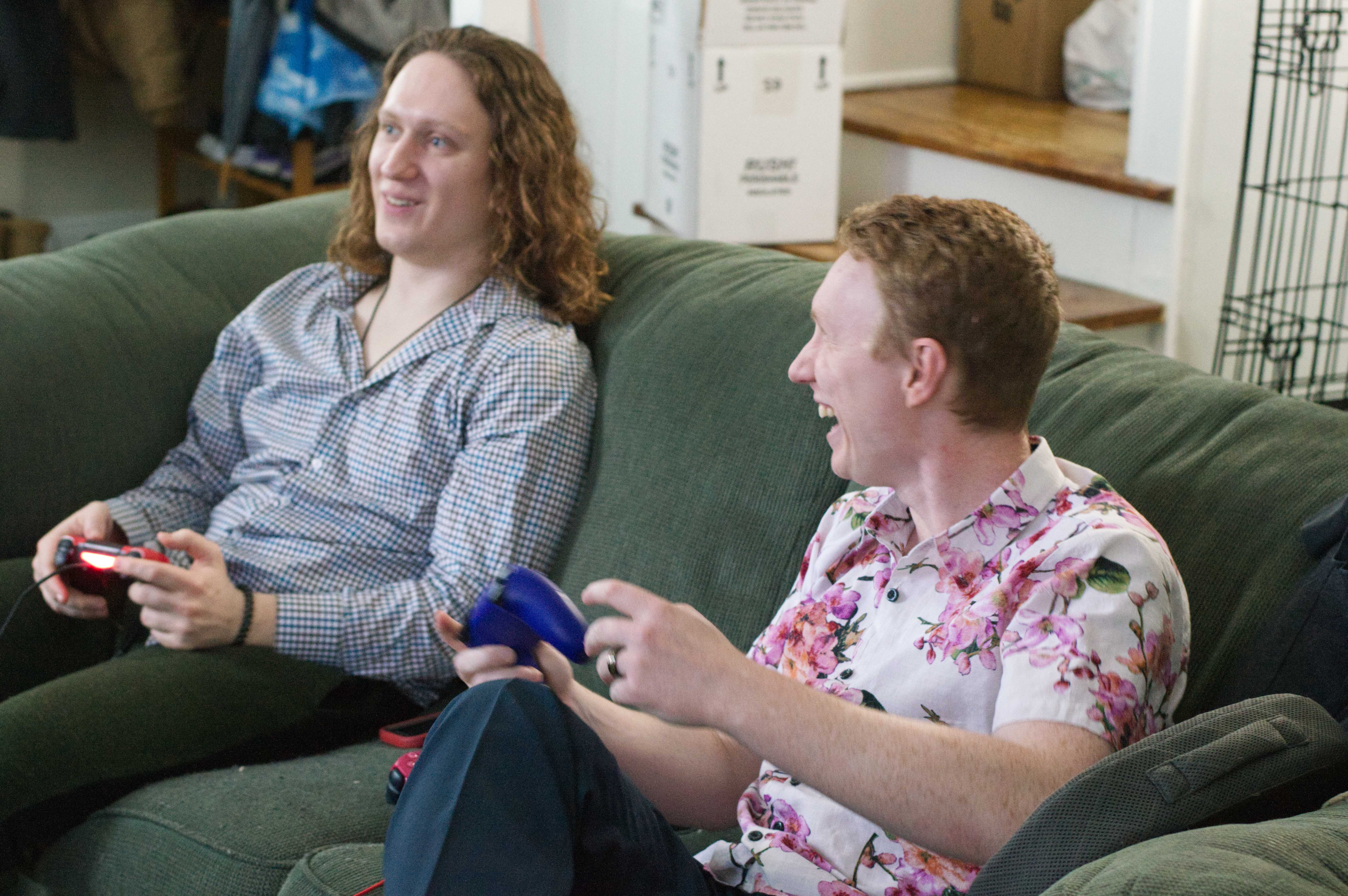 photo of Josh and Mat playing Rivals of Aether, Mat is looking at Josh while in mid laugh