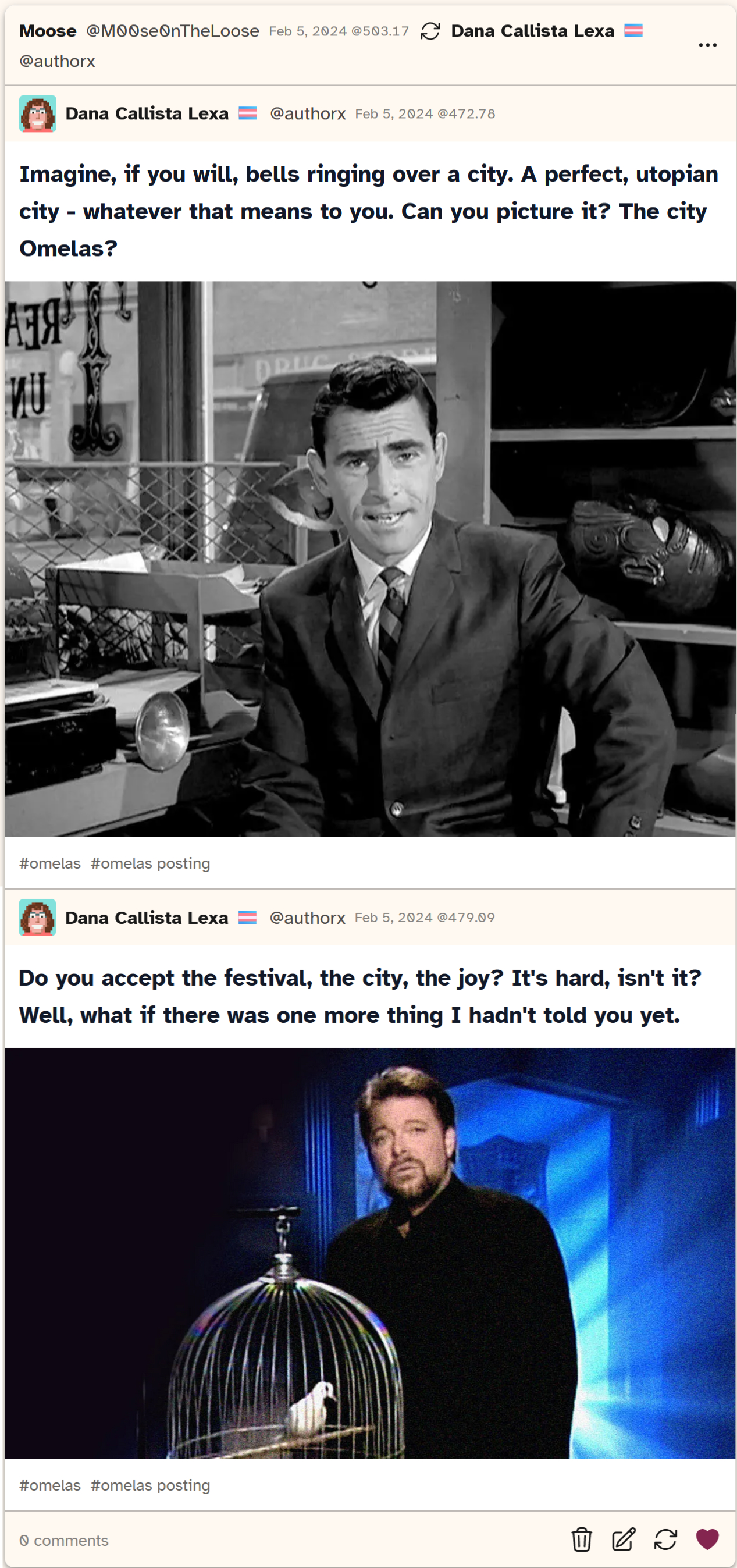 A screenshot of a post from Cohost saying 'Imagine, if you will, bells ringing over a city. A perfect, utopian city - whatever that means to you. Can you picture it? The city Omelas?'' with an image from The Twilight Zone I believe. There's then a follow up text and image that says 'Do you accept the festival, the city, the joy? It's hard, isn't it? Well, what if there was one more thing I hadn't told you yet'. I don't know exactly what show this is from