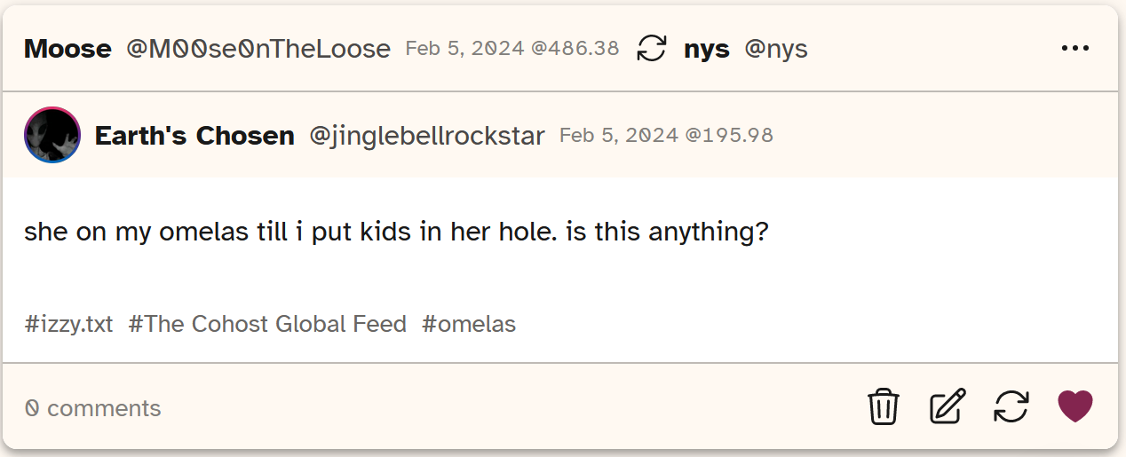 A screenshot of a post from Cohost user jinglebellrockstar saying 'she on my omelas till i put kids in her hole. is this anything?