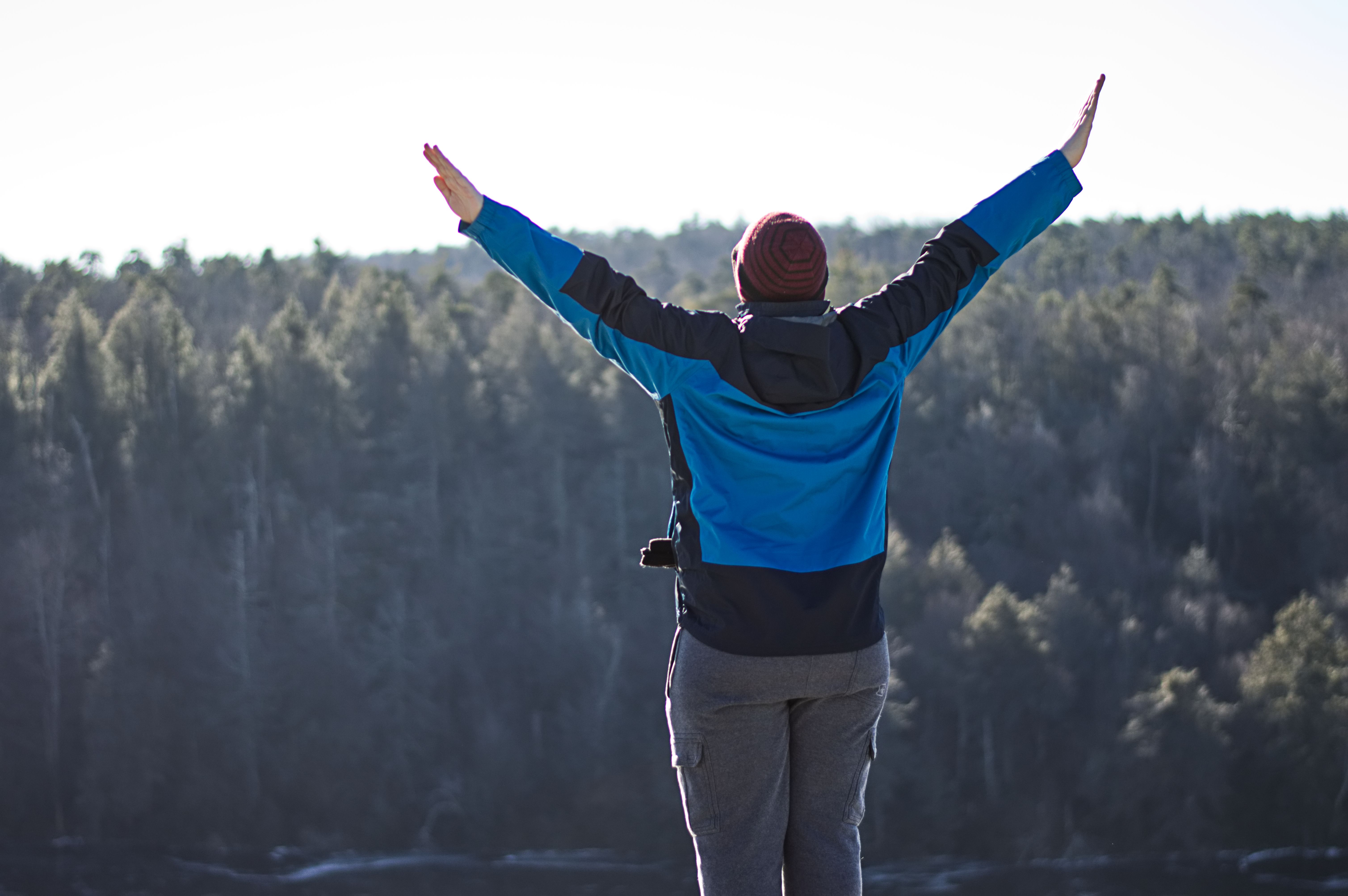 a man in a blue and blakc winter coat and red hat doing the praise the sun pose from Dark Souls. this looks like making a Y shape. He is facing away from the camera, looking towards some trees in the distance