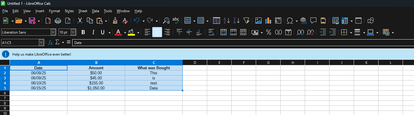 Screenshot from LibreOffice Calc showing data being highlighted