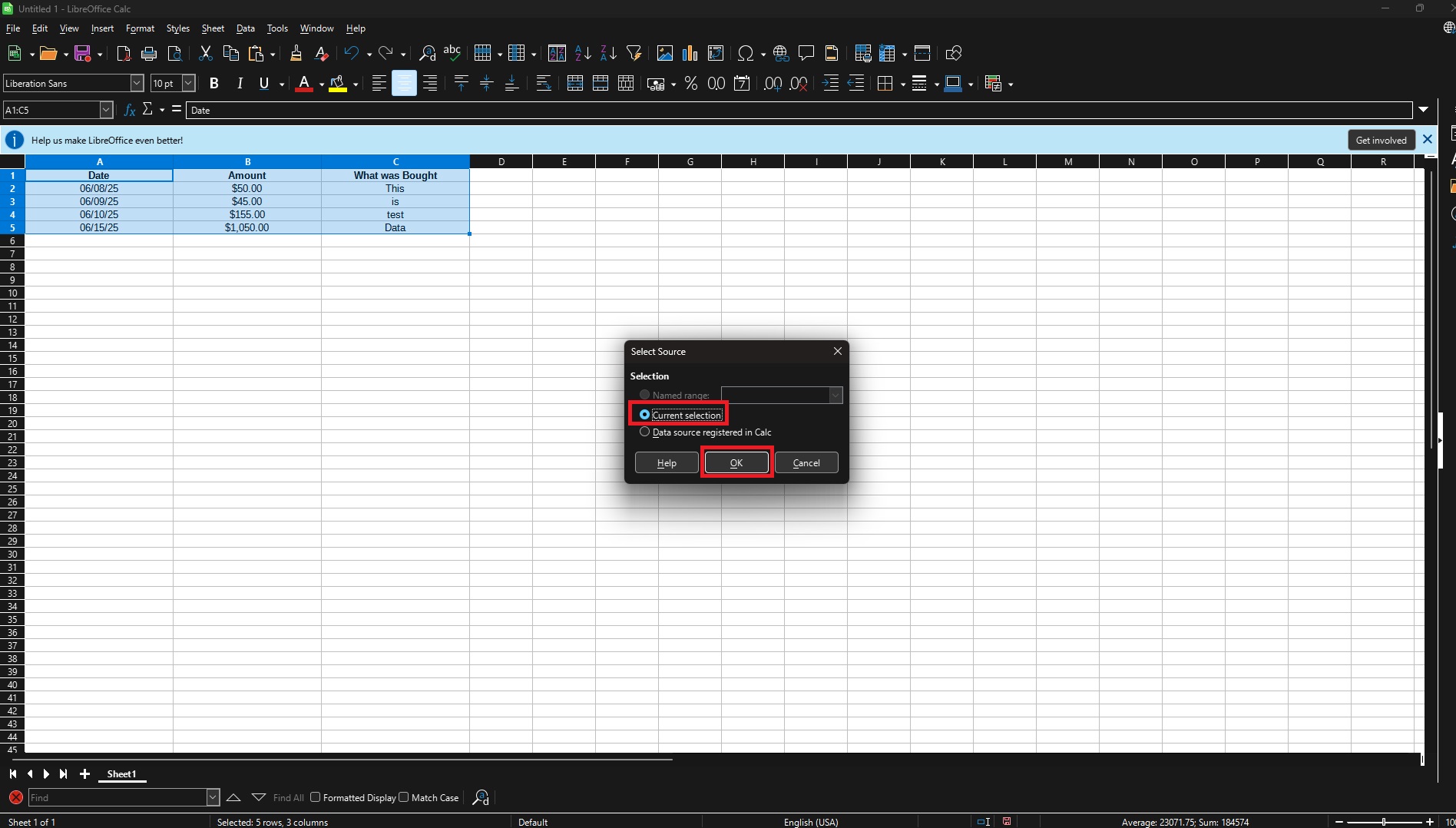 Screenshot from LibreOffice Calc showing where to press OK