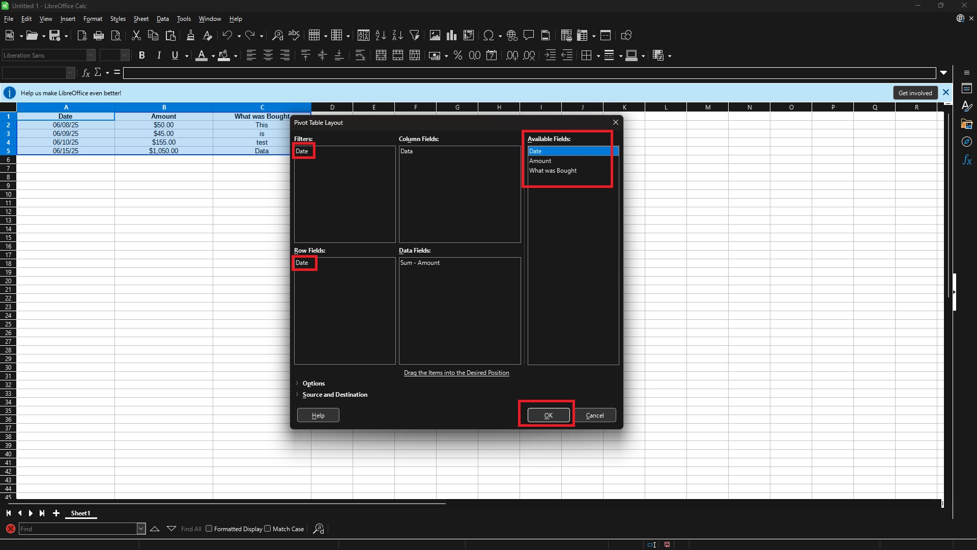 Screenshot from LibreOffice Calc showing where to put the fields