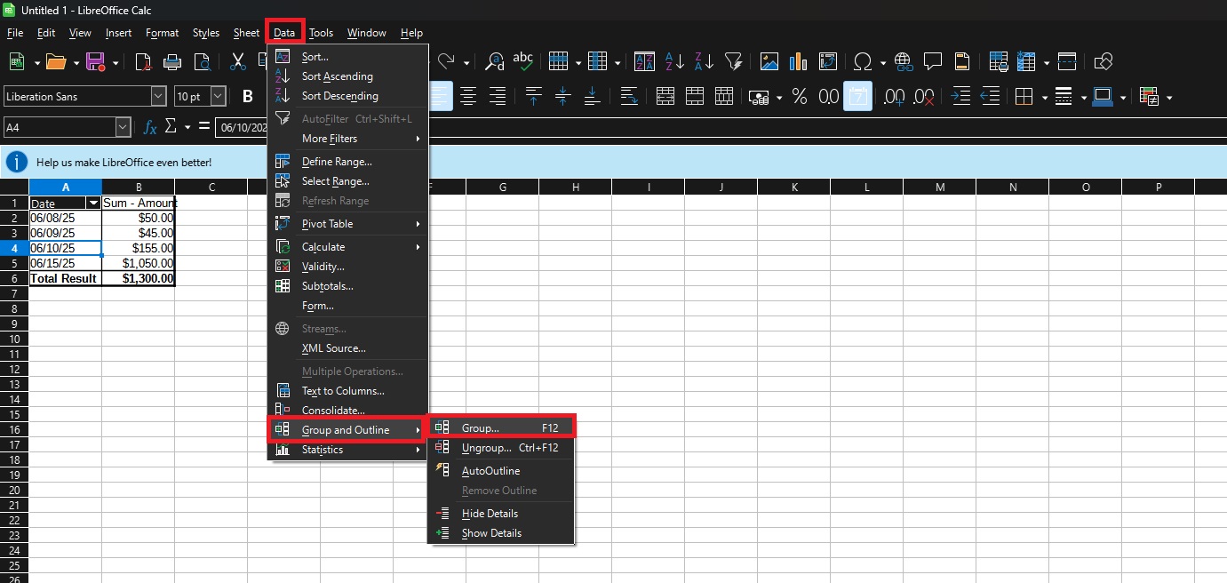 Screenshot from LibreOffice Calc showing where to go to Data, Group and Outline, and Group