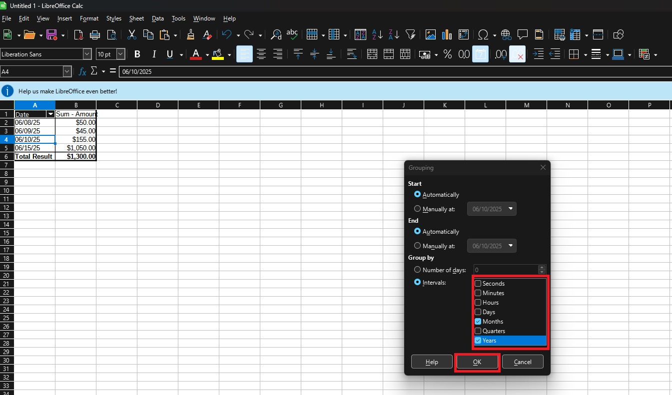 Screenshot from LibreOffice Calc showing where to select how you'd like to group by