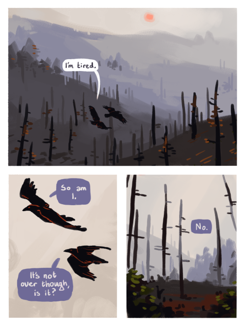 Three panel comic showing two hawk looking birds flying through a burnt forest. One says 'I'm tired'. In the second panel, the second says 'So am I'. The first says 'It's not over though, is it?'. In the third panel, the second days 'no'.