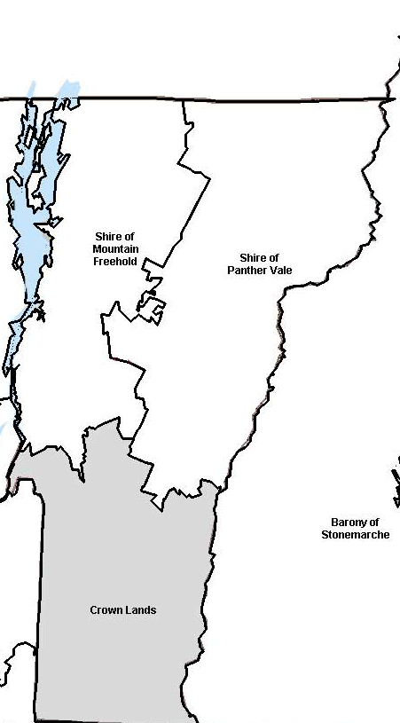 image of Vermont on a map with SCA boundaries drawn on it. The North Western part of the state is labeled Shire of Mountain Freehold, the North Eastern part Shire of Panther Vale, and the Southern labeled Crown Lands