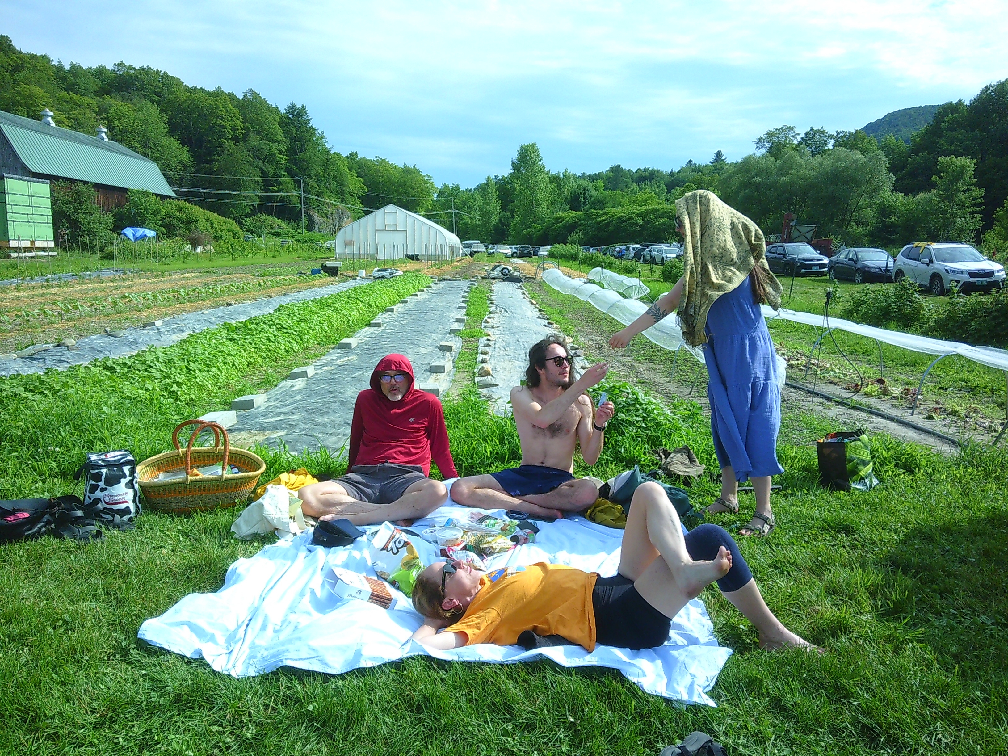 Photo of 4 people in a farm field. You can see a blanket laid on the ground, with one woman laying down on it, a man in a red sweater sitting up, a shirtless man (Sid) sitting up getting some food, and a woman standing handing Sid some food