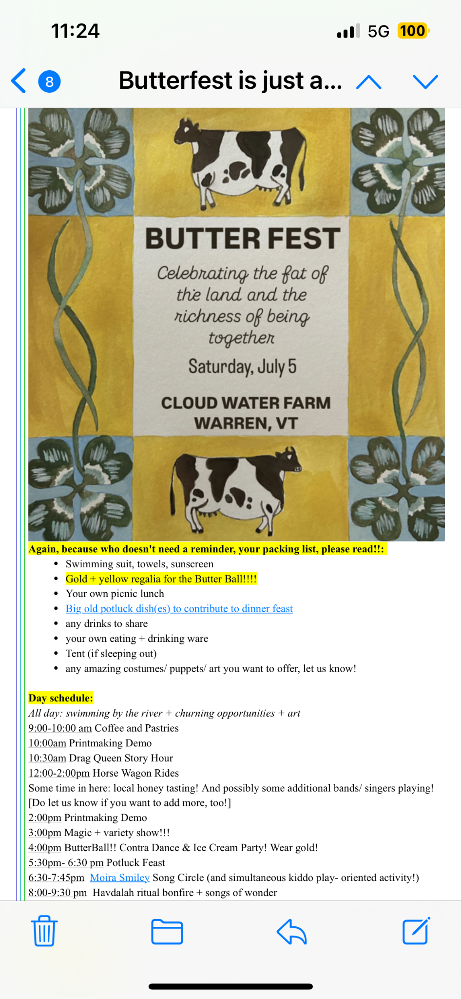 A flyer saying 'Butter Fest, Celebrating the fat of the land and the richness of being together. Saturday, July 5. Cloud Water Farm. It also mentions some things you should bring to the event, and an itinerary for the day. Some events include shirt pressing, contra dancing, and more!