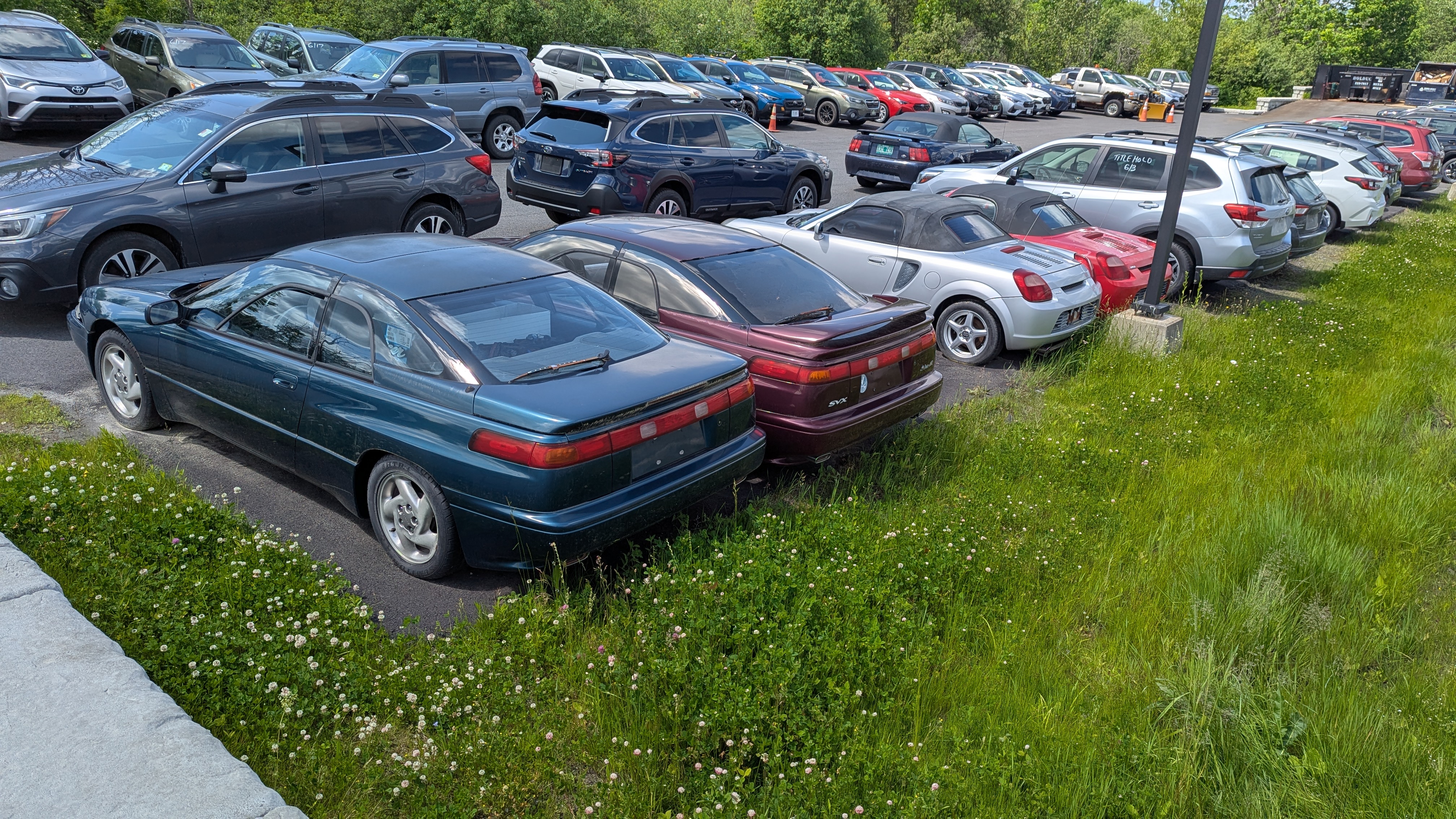 Photograph of two Subaru SVXs from the back, one green ish one purple ish. They're slightly damaged, and sitting on a car lot with a bunch of other cars
