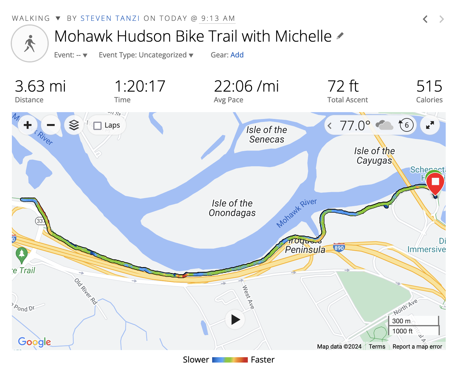 Map of walk. It shows the walk took an hour and 20 minutes, and that it was 3.63 miles long