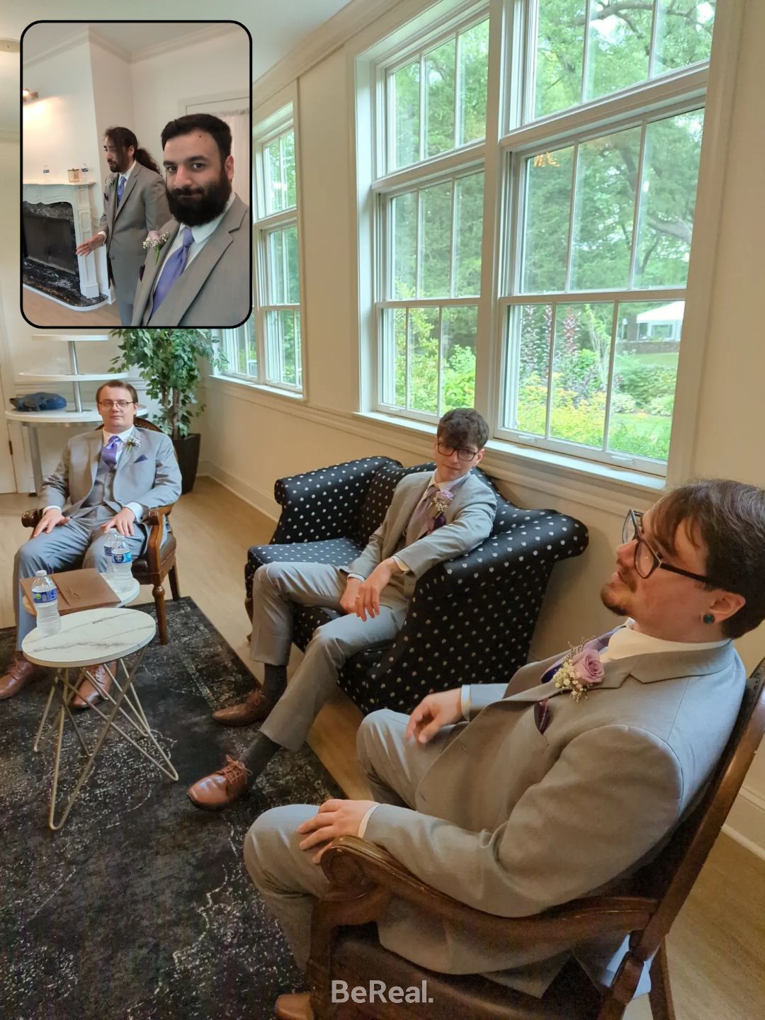 A selfie of two men and as well as a picture of three men sitting one on a couch, and two in individual chairs