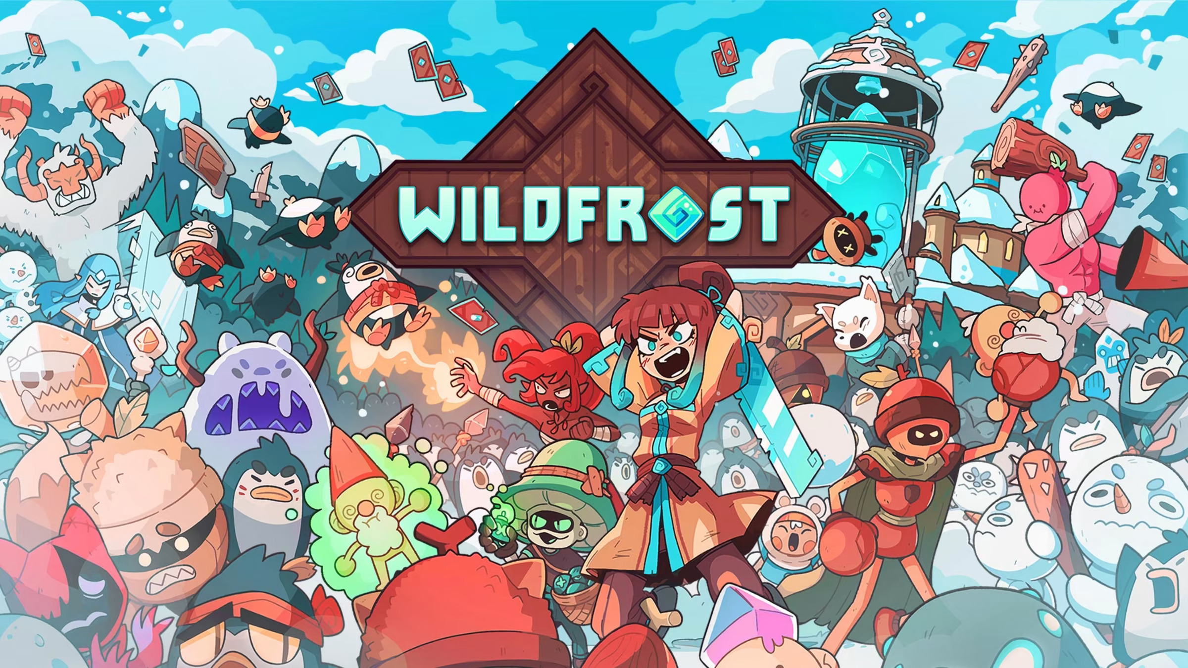 image of the boxart of Wildfrost. It has a lot of colorful people, all sort of doing random things like fighting, running, being thrown, etc. Overall there's a winter theme, and some notable creatures are a yeti, some penguins, a fox, a mushroom looking person, snowmen, and many more! Front and center in the image is a human woman in the middle of swinging a sword downward from behind her back.