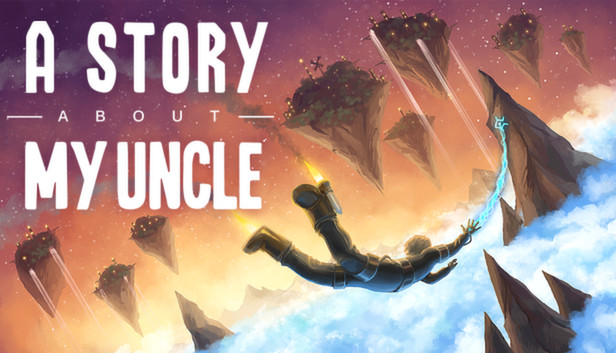 image of the box art for a story about my uncle. It features a kid with rocket boots and a sort of energy grappling tool reaching out and grabbing on to a floating piece of mountain. The boy is mid swing