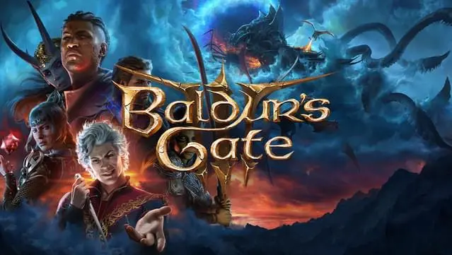 image from the boxart for Baldurs Gate 3 showing a couple of the main characters as well as a flying ship being attacked by dragons