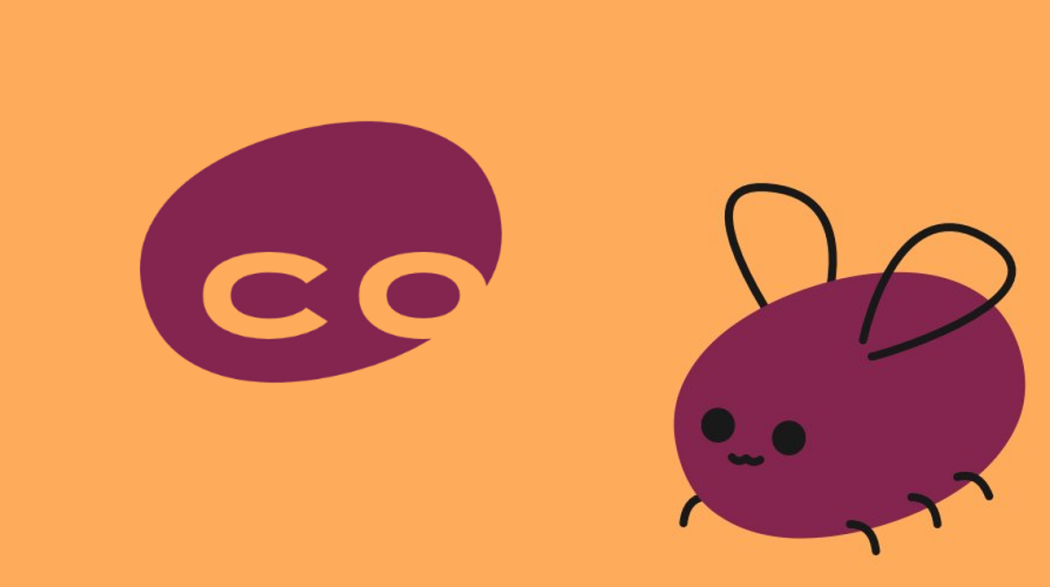 image of the cohost logo and eggbug. An orange background with an oval shaped shape the color of purple with co in orange on it. Next to it, is the sites mascot eggbug. Eggbug is a purple oval with simply drawn wings, legs, two eyes, and a mouth