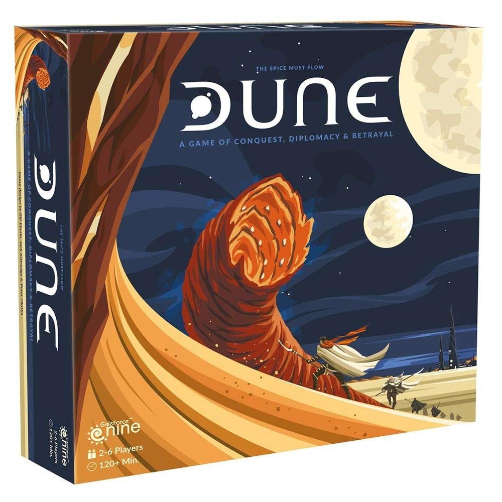 the box art for the board game Dune, featuring sand and a giant sand worm