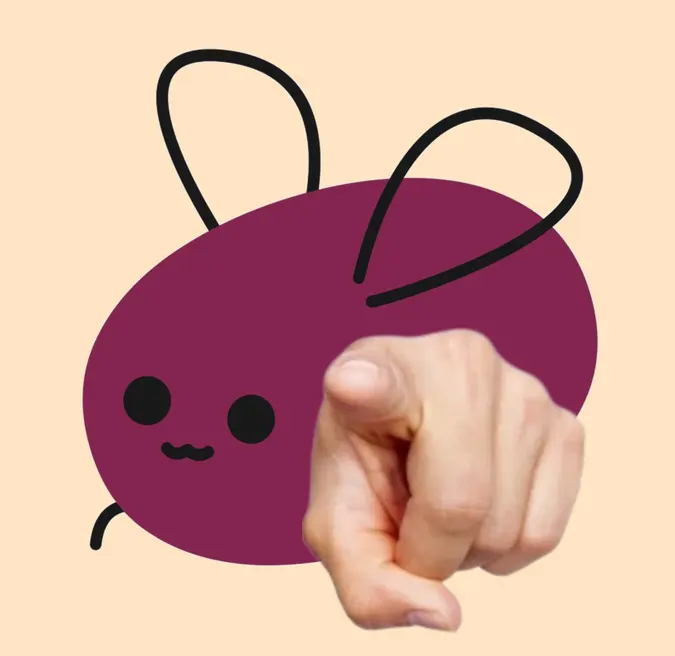 image of Cohosts Mascot eggbug, which is a purple oval with black dots for eyes and a smile face and two fairy like wings, with a realistic human hand pointing towards the viewer