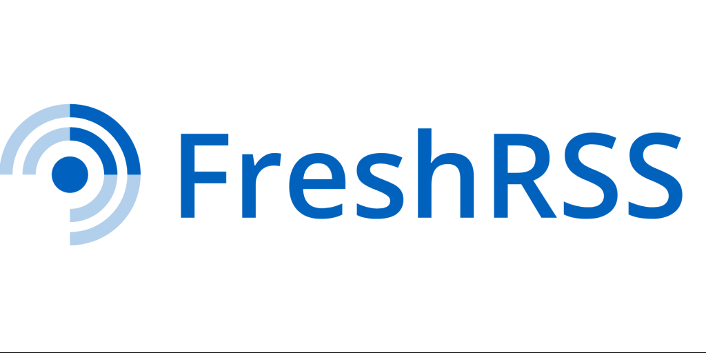 image of the freshrss logo. A central dark blue dot which is surrounded by two circles, which are missing their bottom left hand sides. The top right part of the circles are the same dark blue as the central dot, while the rest of them are light blue. Then its just the word FreshRSS in dark blue next to the symbol