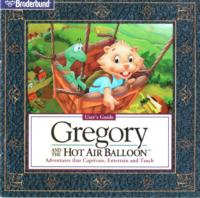 image of gregory and his pet lizard newt in a hot air basket, with a storybook like border around it. It's an image from the games user guide that would've came with the CD