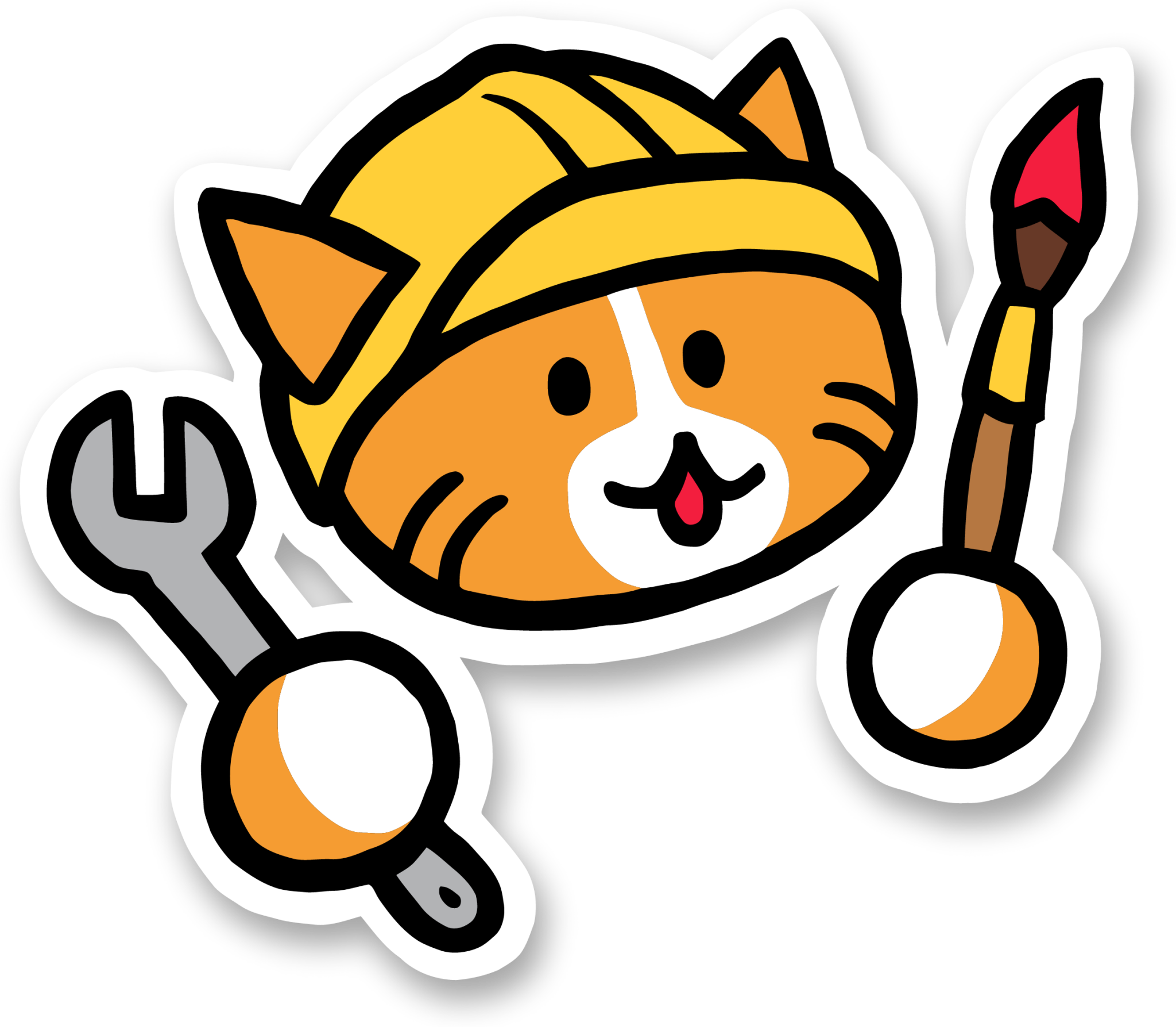 Neocities Icon. A cartoon face of an orange cat in a hard hat holding a wrench in one paw, and a paintbrush in another.