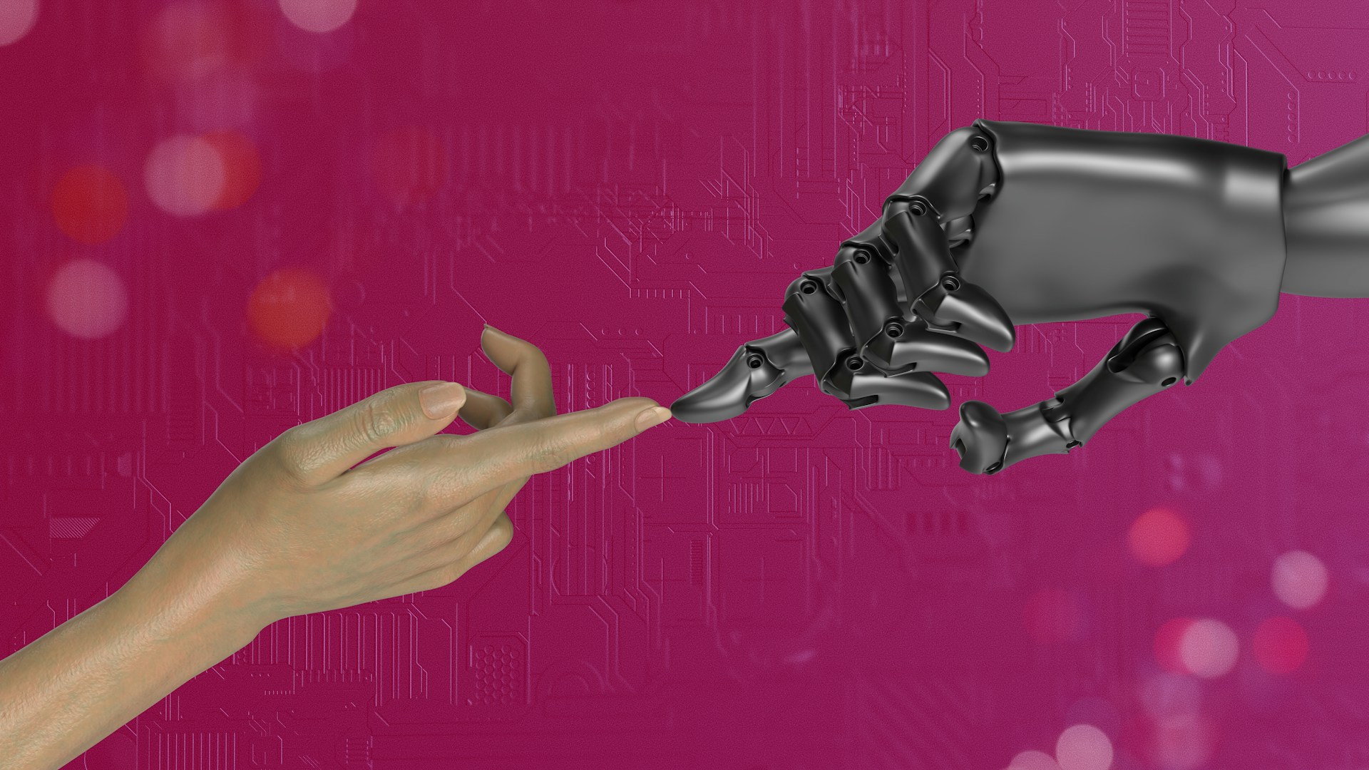 image of a human hand coming up from the bottom left, touching a robotic hand coming down from the top right, with their index fingers