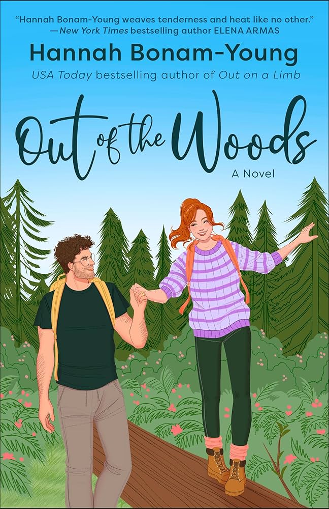 image of the the cover for Out of the Woods. It shows a man in a green tshirt and brownish gray pants helping a woman with red hair, pink striped shirt, and green pants walk along a log in the woods. The two are hiking in the woods.