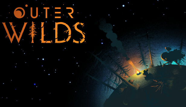 image of art of the Outer Wilds. You see stars with a planet in the bottom right corner. From the planet you can see some trees, a bonfire, and a ship.