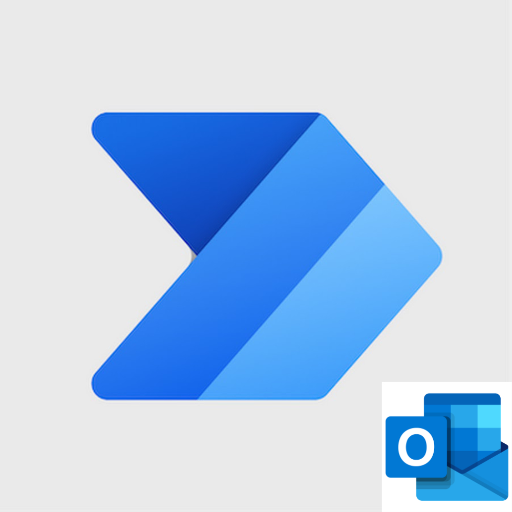 image of the power automate logo and the outlook logo. Power automate looks like a multicolored blue arrow pointing right, and outlook looks like a blue envelope with a letter coming out of it